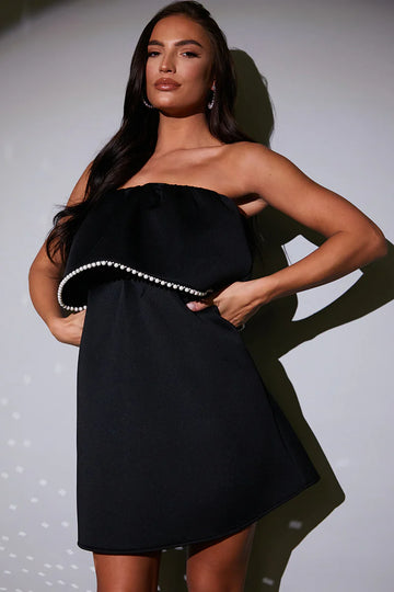 Bandeau Pearl Trim Mini Skater Dress